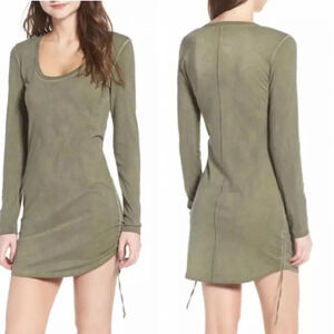 PAM & GELA Ruched Side Tie Bodycon Mini Dress Shirred Scoop Neck Cotton Olive